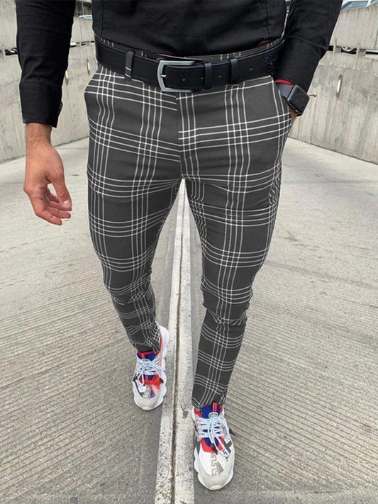 Men's Chino Plaid Casual Long Pants, Formal Business Pants Slim Fit Lattice Plaid Trousers