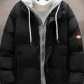 Men's Thick Winter Hooded Parka Jacket, Casual Solid Zip Warm Loose Cotton-padded Jacket Coat