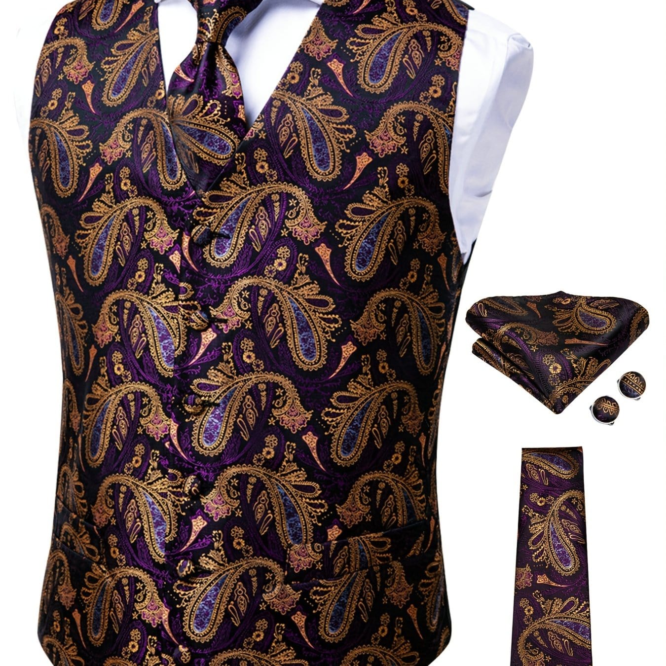 Men's Vintage Elegant Fit Sleeveless Vest Set With Floral Print, Formal Suit Waistcoat & Tie & Cufflinks & Hanky For Wedding Party Business
