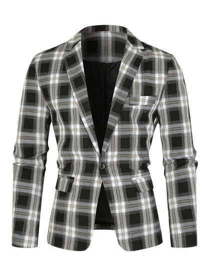 Men's Classic Fit Suits, Autumn Winter Casual Sports Slim Fit One Button Plaid Print Blazer Light Jacket
