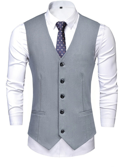 Men's Classic Gentlemen Formal Suits With Slim Fit V-neck Vest Jacket & Pants Set For Party Business