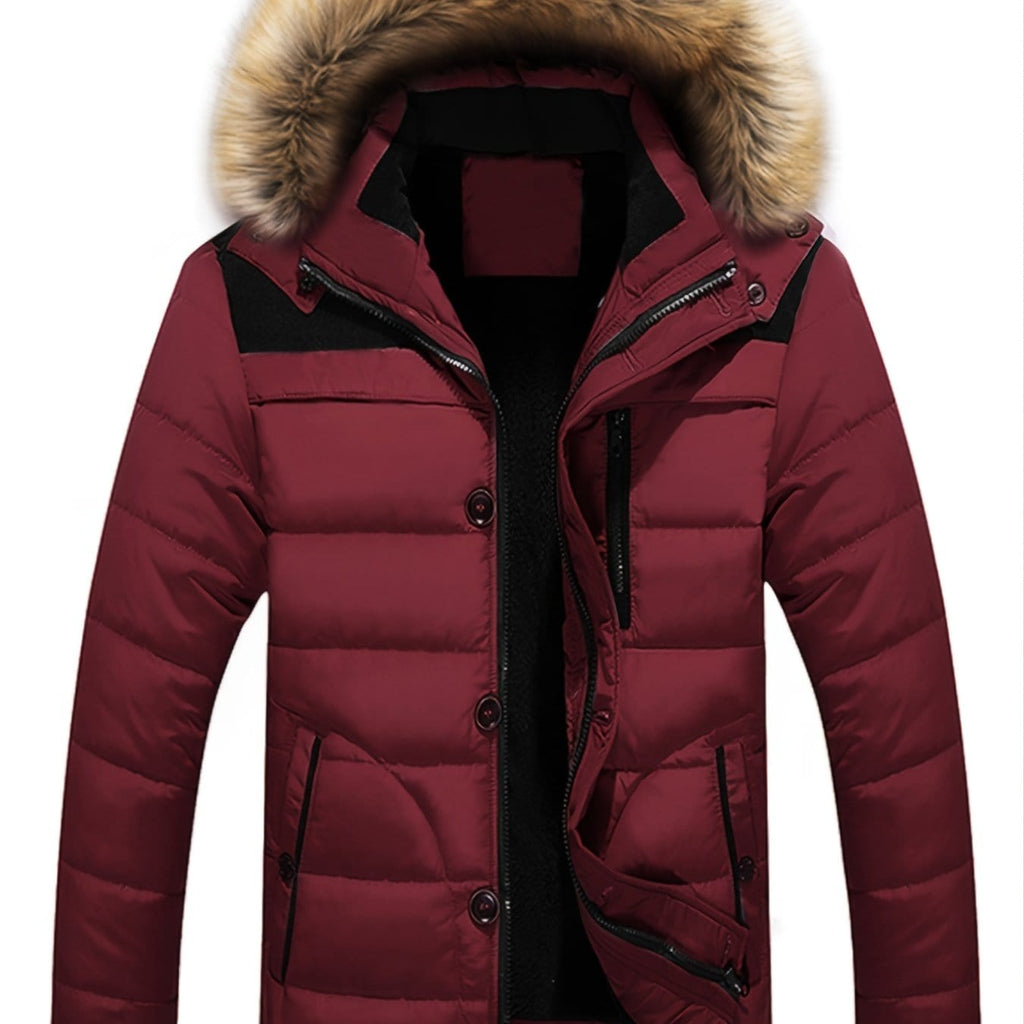 Men's Winter Fleece Padded Jacket With Detachable Faux Fur Hood