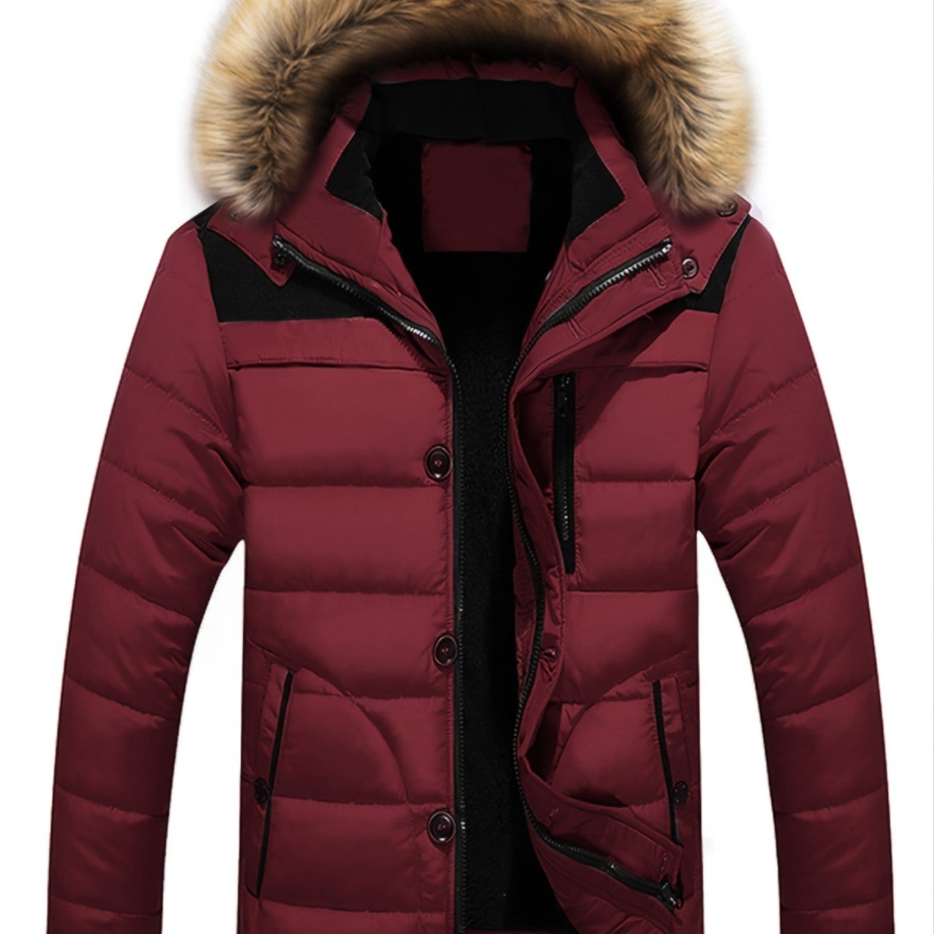 Men's Winter Fleece Padded Jacket With Detachable Faux Fur Hood