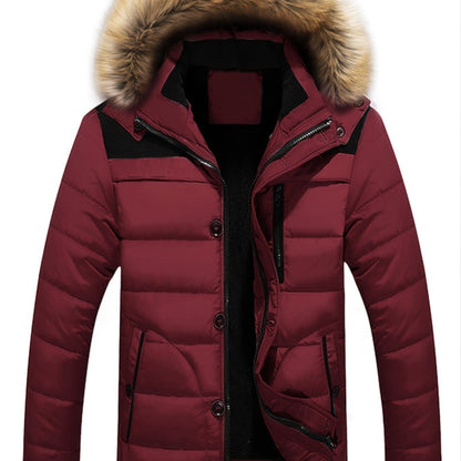 Men's Winter Fleece Padded Jacket With Detachable Faux Fur Hood