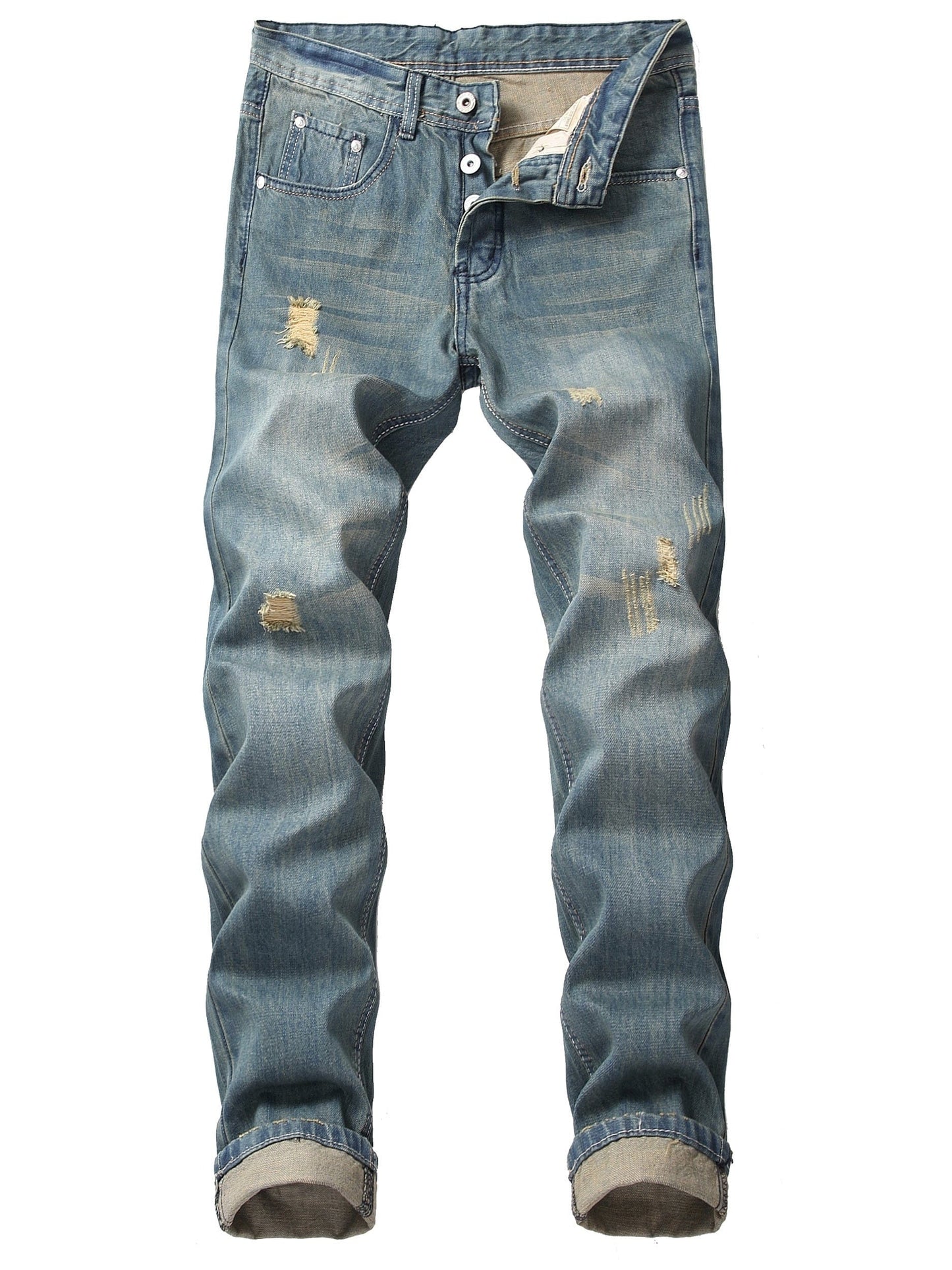 Men's Slim Fit Straight Ripped Distressed Jeans, Washed Denim Pants With Zipper