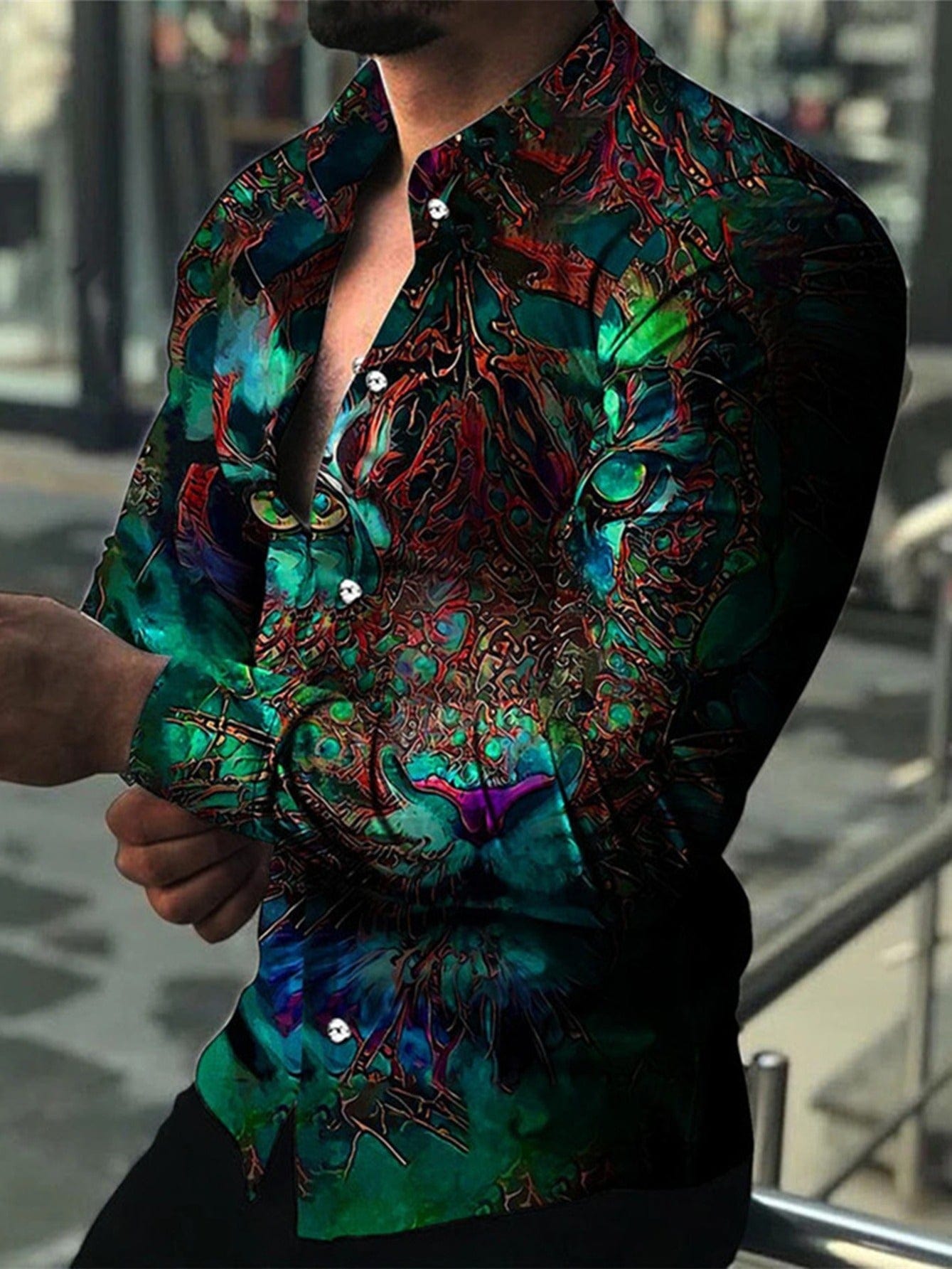 New Men's Printed Green Long Sleeve Shirt Christmas Gifts