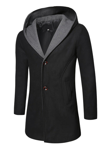 Men's Wool Coat Winter Long Trench Coat Classic Hooded Jacket Top Coat