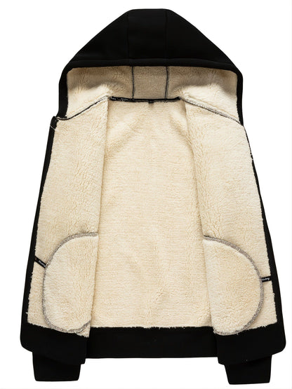 Men's Casual Fleece Thermal Drawstrings Hooded Jacket With Zipper For Winter