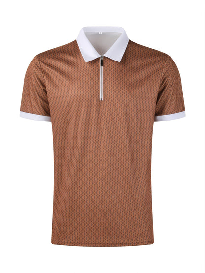 Small Size & Order Size Up, New Men's Casual Slim Fashionable Street Style Dark Brown Lapel Short Sleeves Polo Shirt With Floral Print Christmas Gifts