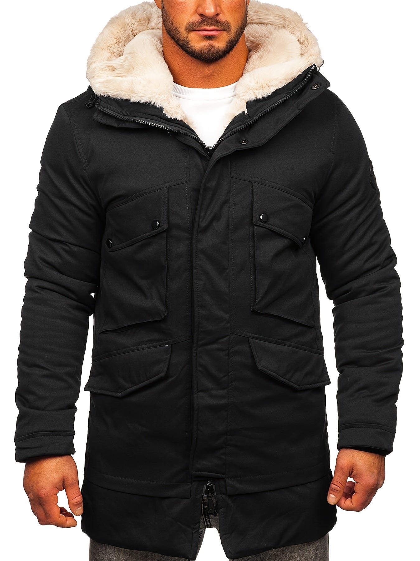 Men's Faux Fur Thickened Pocket Zipper Parka Jacket Coat For Winter