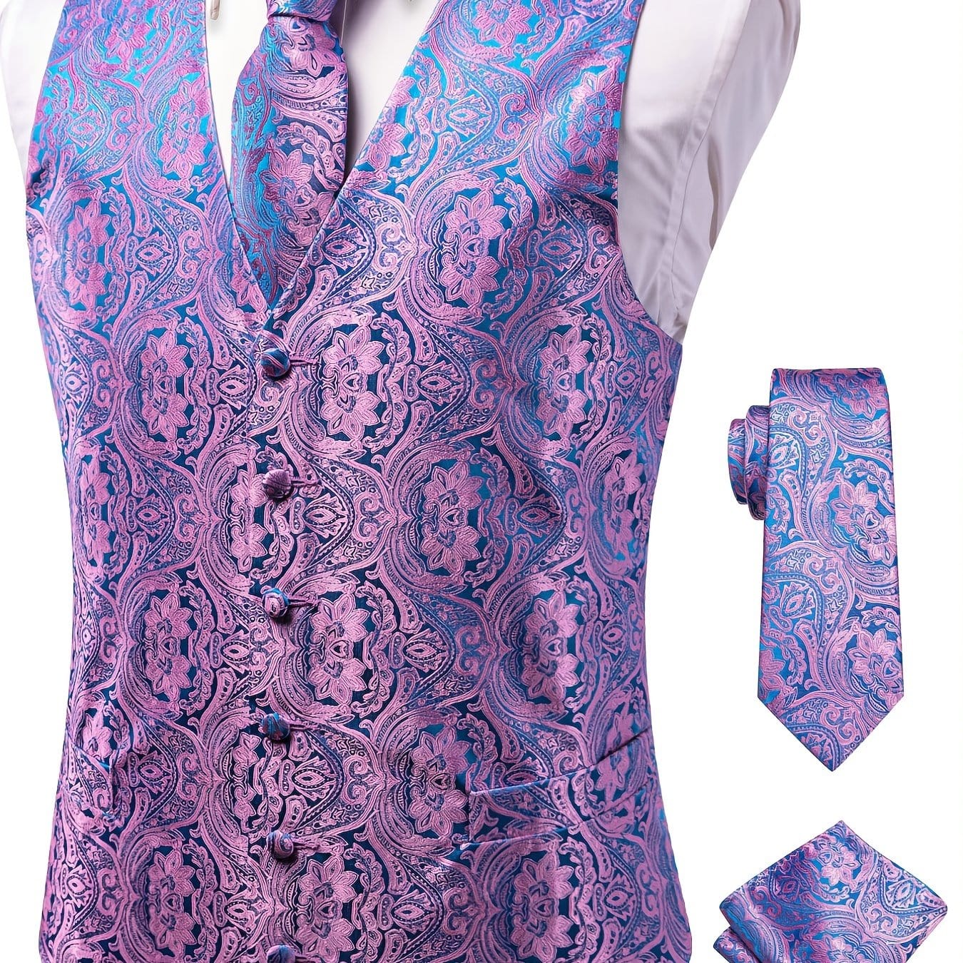 Men's Vintage Elegant Fit Sleeveless Vest Set, Formal Suit Waistcoat & Tie & Cufflinks & Hanky For Wedding Party Business