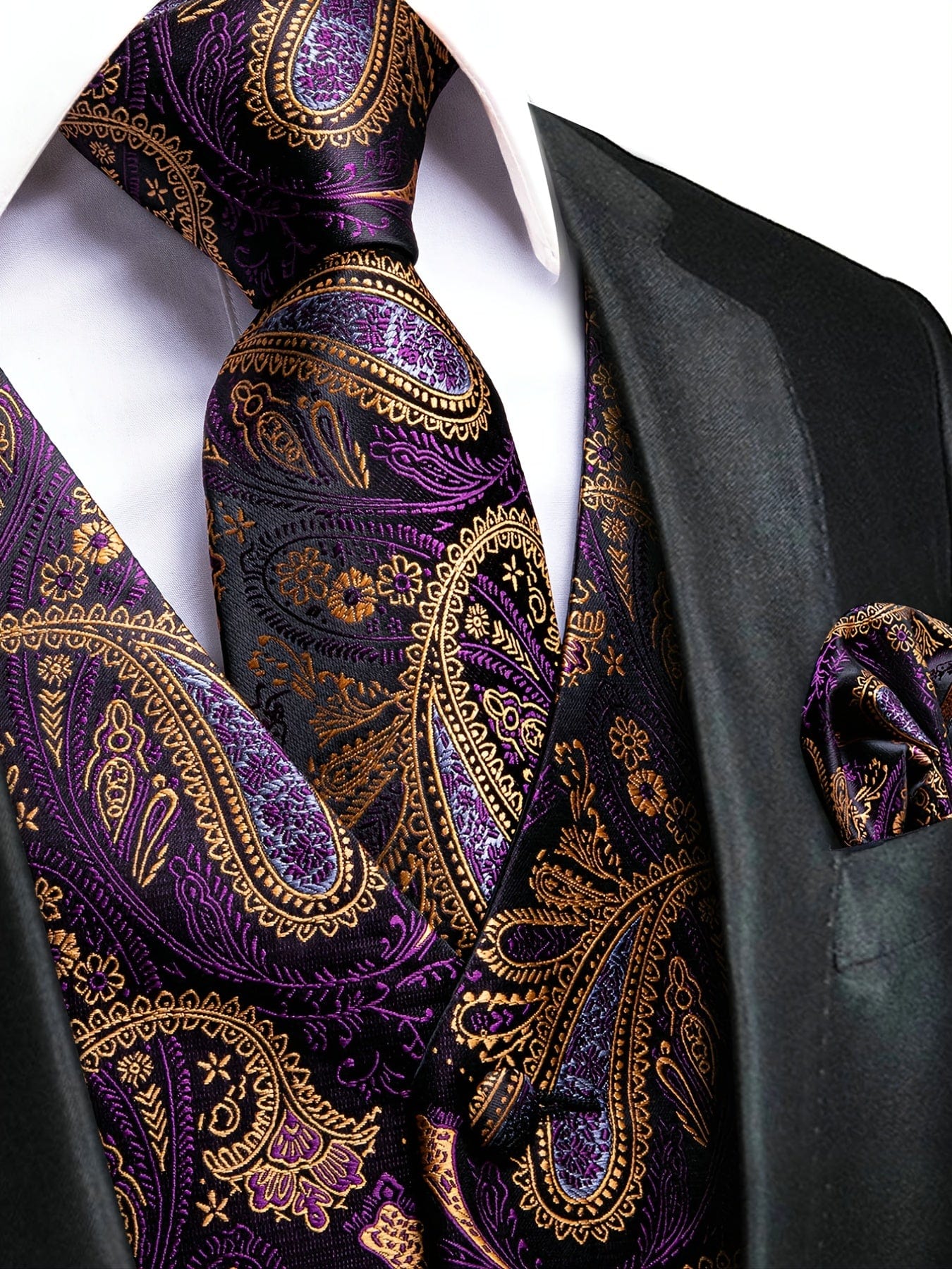 Men's Vintage Elegant Fit Sleeveless Vest Set With Floral Print, Formal Suit Waistcoat & Tie & Cufflinks & Hanky For Wedding Party Business