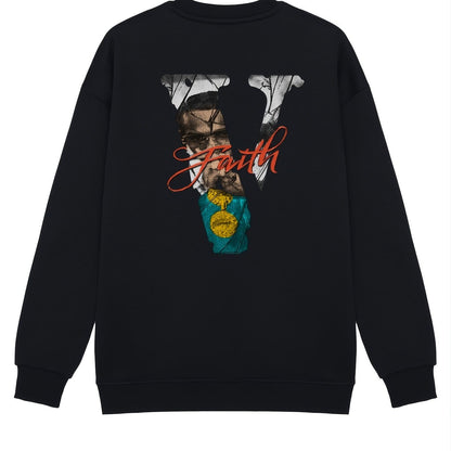 Men's Vintage Fleece V Letter Graphic Print Round Neck Pullover Sweatshirt