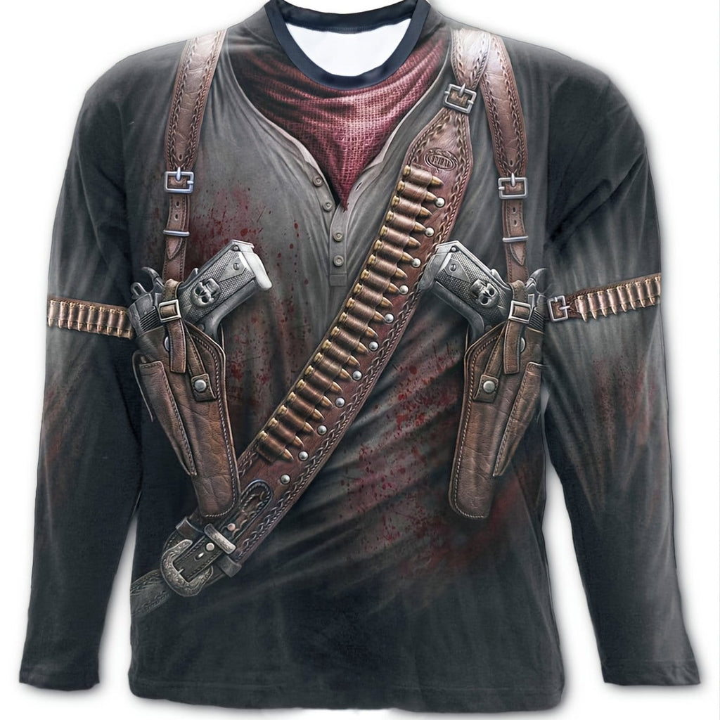 Men's Loose T-Shirt, Retro Casual Pistol Skull Print Crew Neck Long Sleeve Top