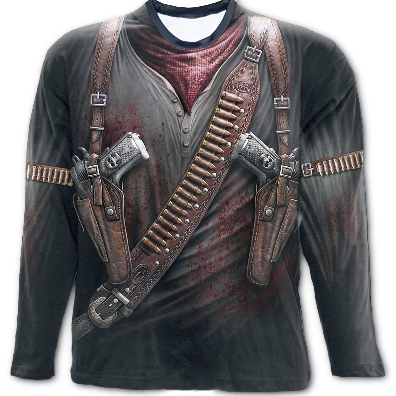 Men's Loose T-Shirt, Retro Casual Pistol Skull Print Crew Neck Long Sleeve Top