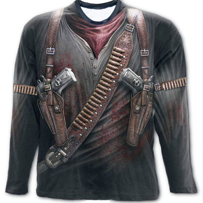 Men's Loose T-Shirt, Retro Casual Pistol Skull Print Crew Neck Long Sleeve Top