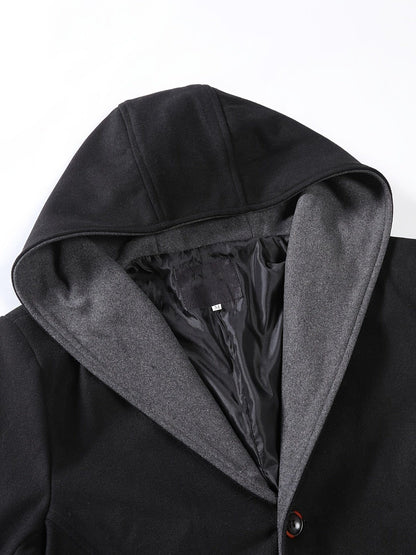 Men's Wool Coat Winter Long Trench Coat Classic Hooded Jacket Top Coat