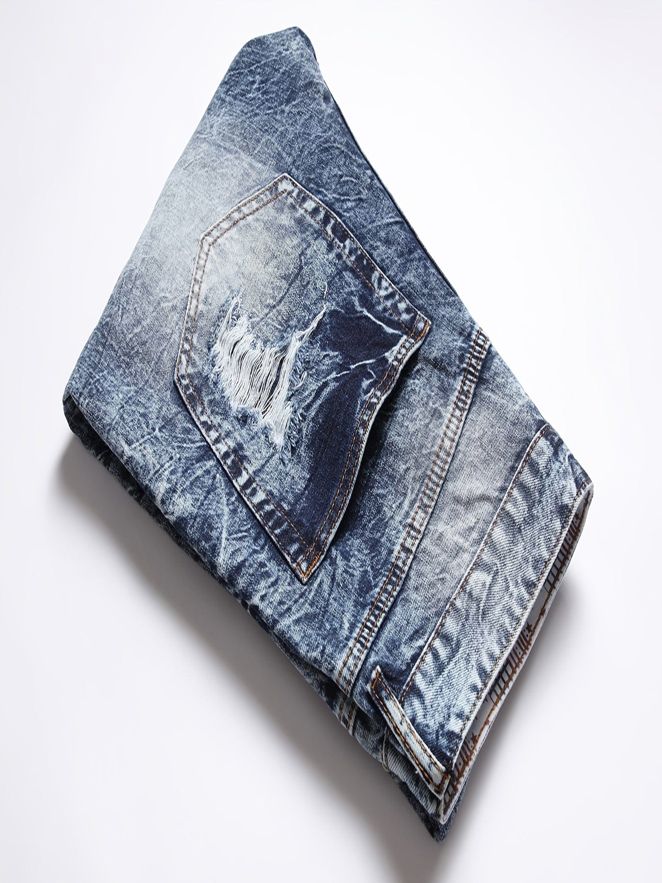 Men's Ripped Patched Jeans, Winter Casual Colorblock Slim Fit Straight Cotton Jeans