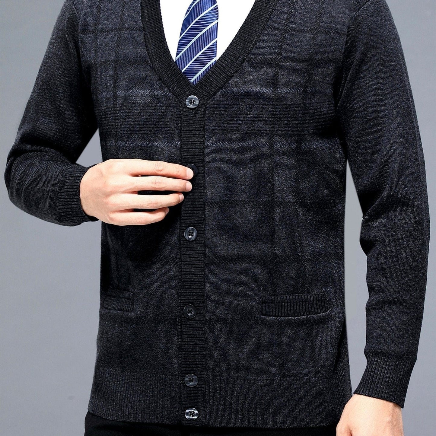 Men's Red V-neck Cardigan Button Up Sweater Plaid Knit Cardigan For Spring Fall Winter Men's Clothes