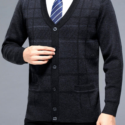Men's Red V-neck Cardigan Button Up Sweater Plaid Knit Cardigan For Spring Fall Winter Men's Clothes