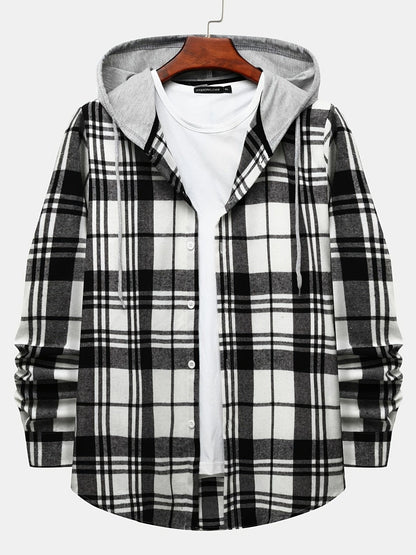 One Size Smaller,  Flannel Loose Shirt For Men Plaid Long Sleeve Casual Button-Down Shirts With Hood Christmas Gifts