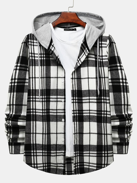 One Size Smaller,  Flannel Loose Shirt For Men Plaid Long Sleeve Casual Button-Down Shirts With Hood Christmas Gifts