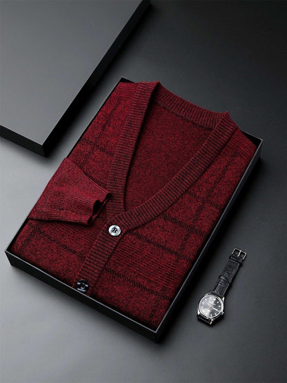 Men's Red V-neck Cardigan Button Up Sweater Plaid Knit Cardigan For Spring Fall Winter Men's Clothes