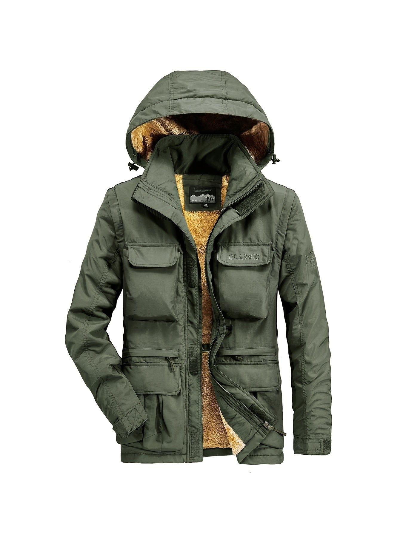 Men's Cargo Jacket Warm Coats Fleece Lined Military Jackets Cotton With Removable Hood