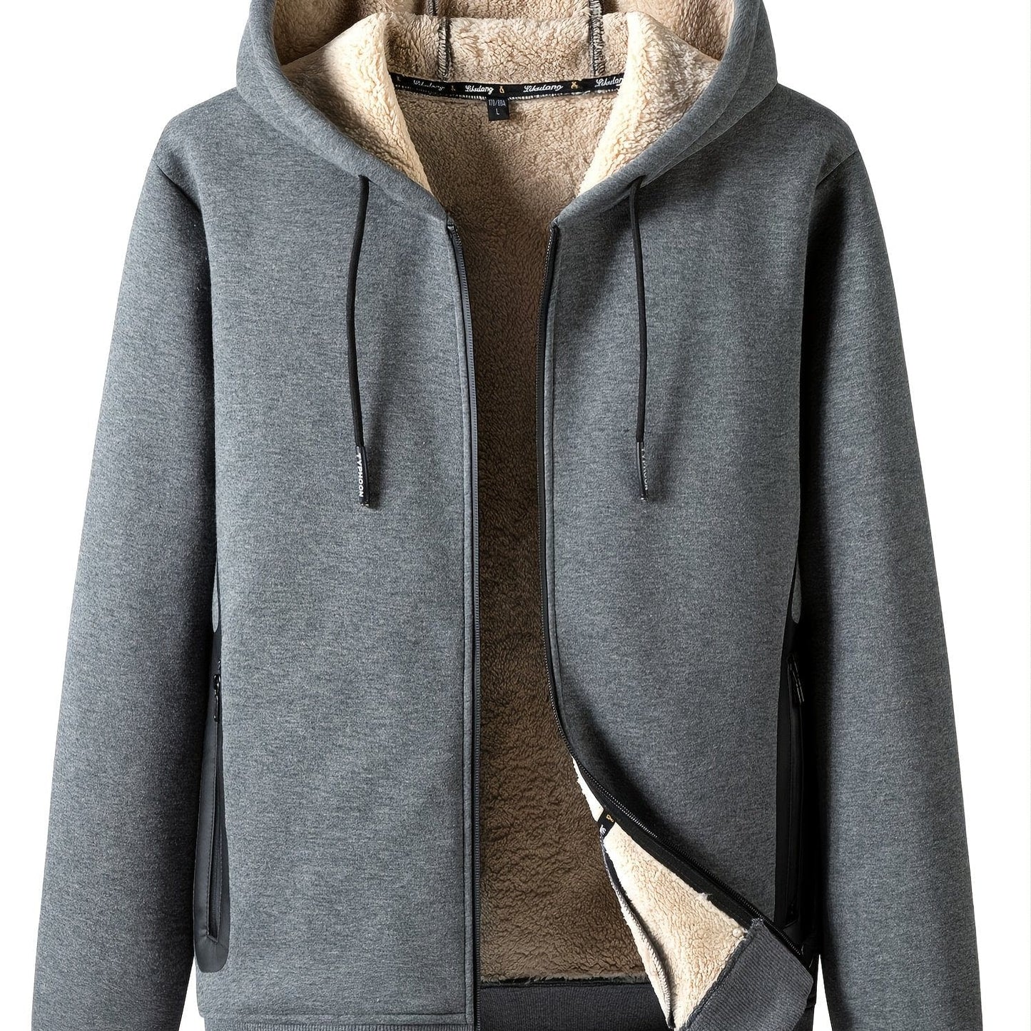 Men's Casual Fleece Thermal Drawstrings Hooded Jacket With Zipper For Winter