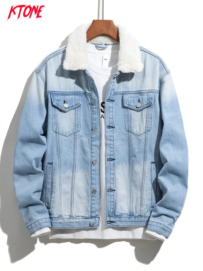 Men's Washed Fashion Fur Collar Slim Denim Jacket