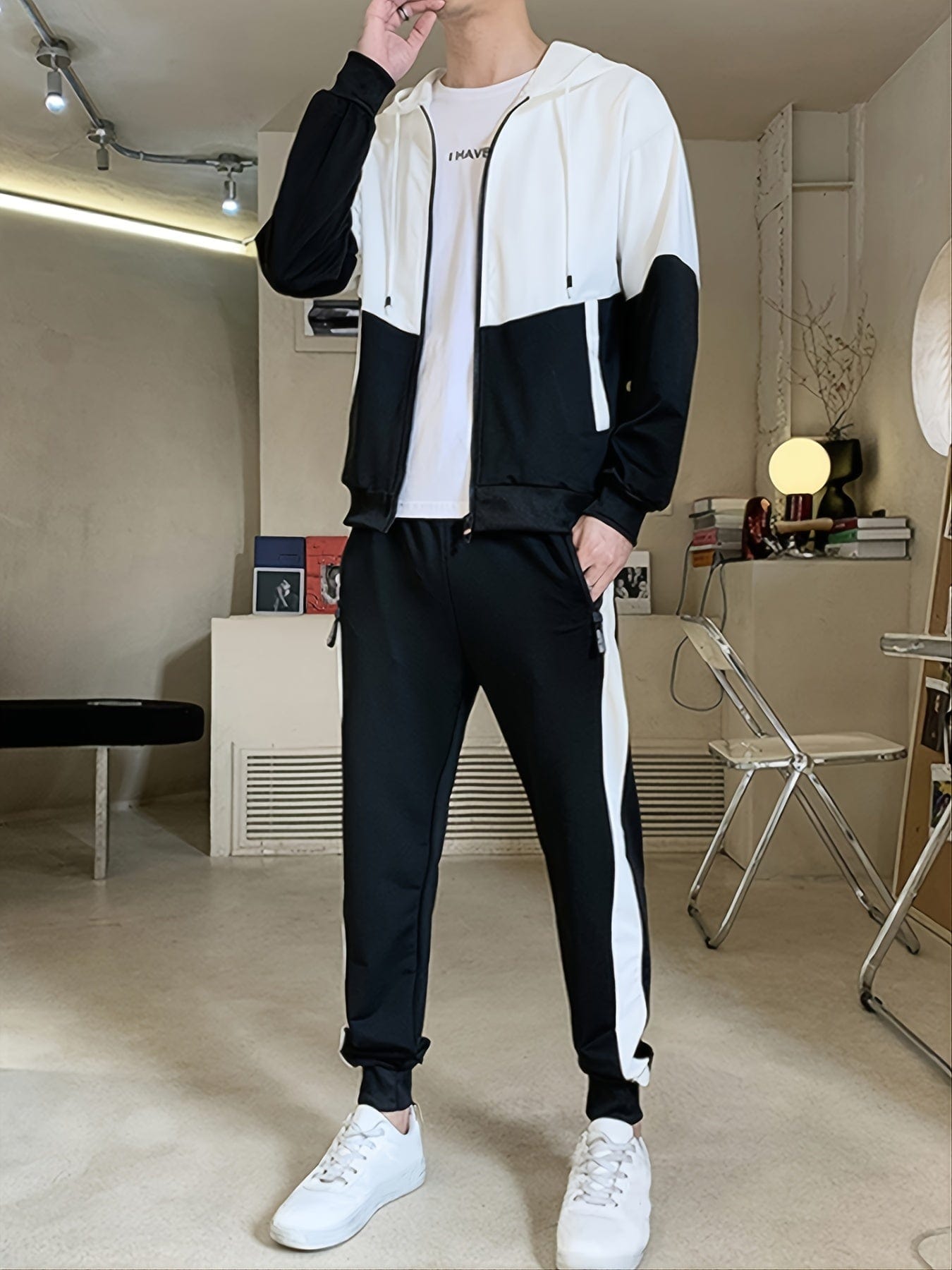 2pcs Men's Casual Zip-up Hooded Jacket And Trousers For Fall/Winter Christmas Gifts (The Size Is Smaller Than Regular)