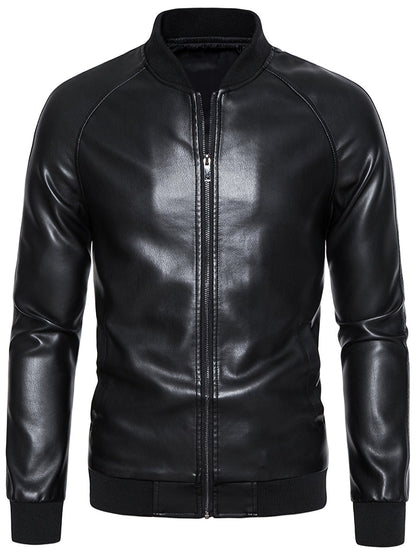 Men's Casual Faux Leather Jacket, Windproof Zip-Up Motorcycle Jacket Outerwear Coat