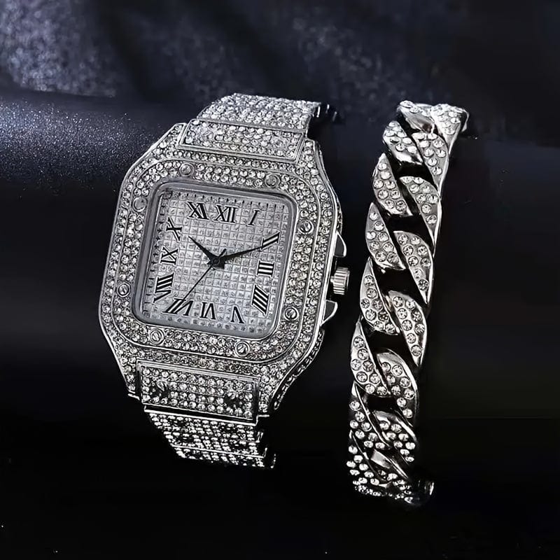 1pc Men's Rhinestone Square Big Dial Hip Hop Watch + 1pc Rhinestone Chain Zinc Alloy Bracelet Set(1 Watch + 1 Bracelet)