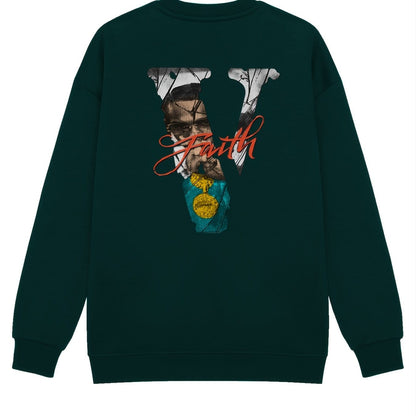 Men's Vintage Fleece V Letter Graphic Print Round Neck Pullover Sweatshirt