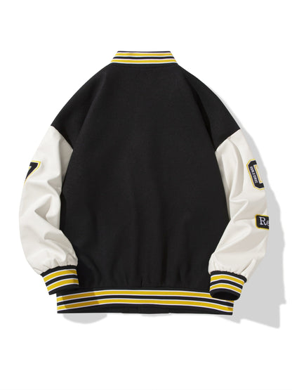 Men's Stand Collar Casual Loose Sports Jacket Color Block "R" Letter Embroidery Button Pocket Coat Top Clothes