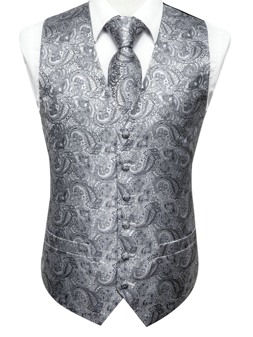 Men's Gray Paisley V-neck Suit Vest And Tie Set For Wedding Party Christmas Gifts