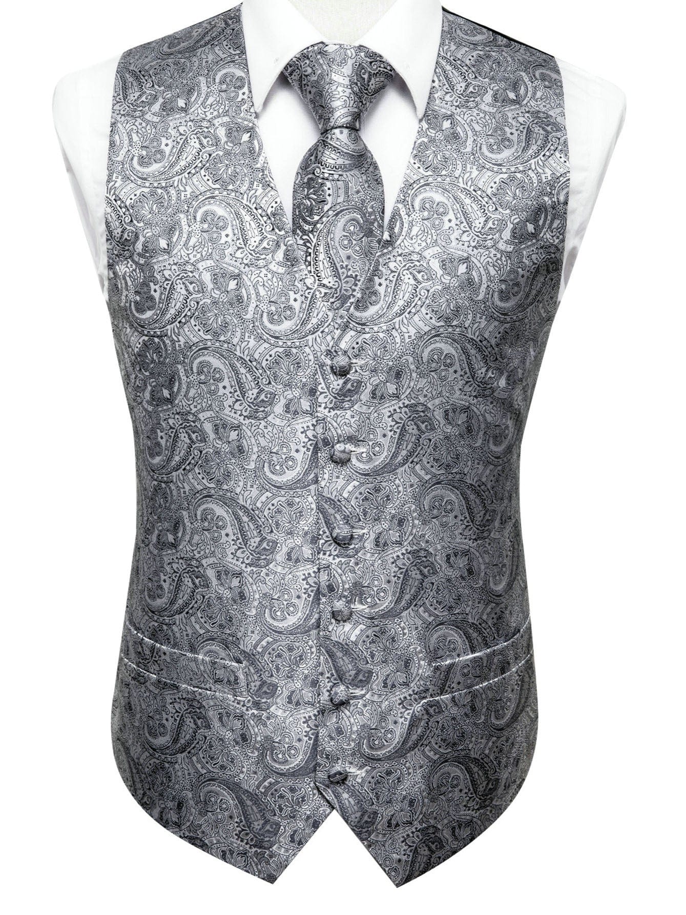 Men's Gray Paisley V-neck Suit Vest And Tie Set For Wedding Party Christmas Gifts