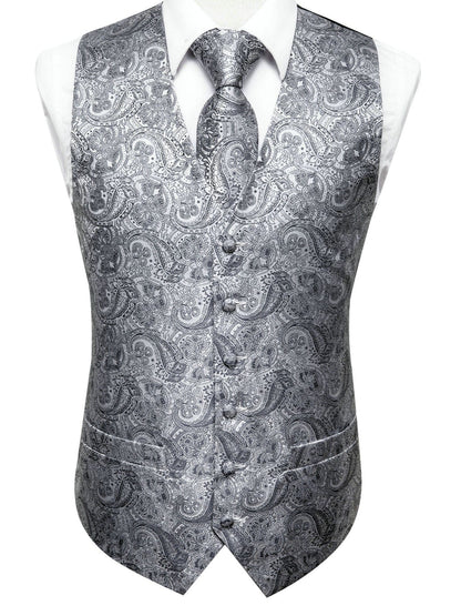 Men's Gray Paisley V-neck Suit Vest And Tie Set For Wedding Party Christmas Gifts