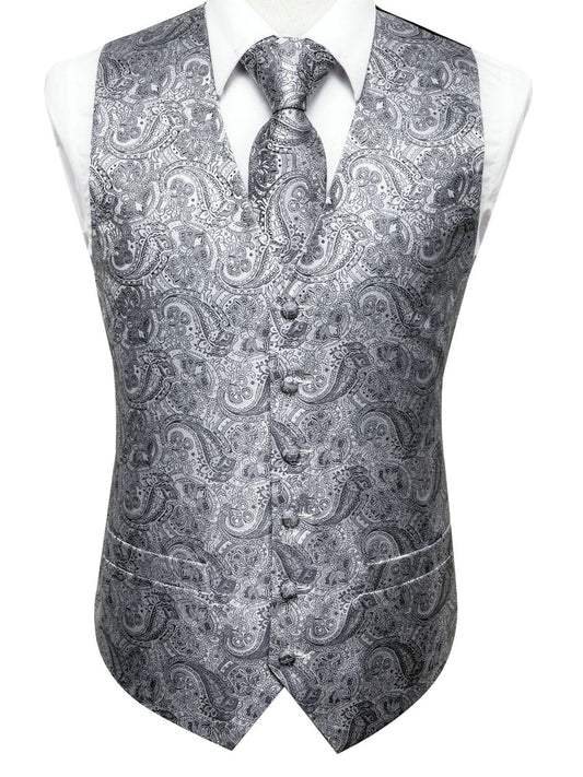 Men's Gray Paisley V-neck Suit Vest And Tie Set For Wedding Party Christmas Gifts
