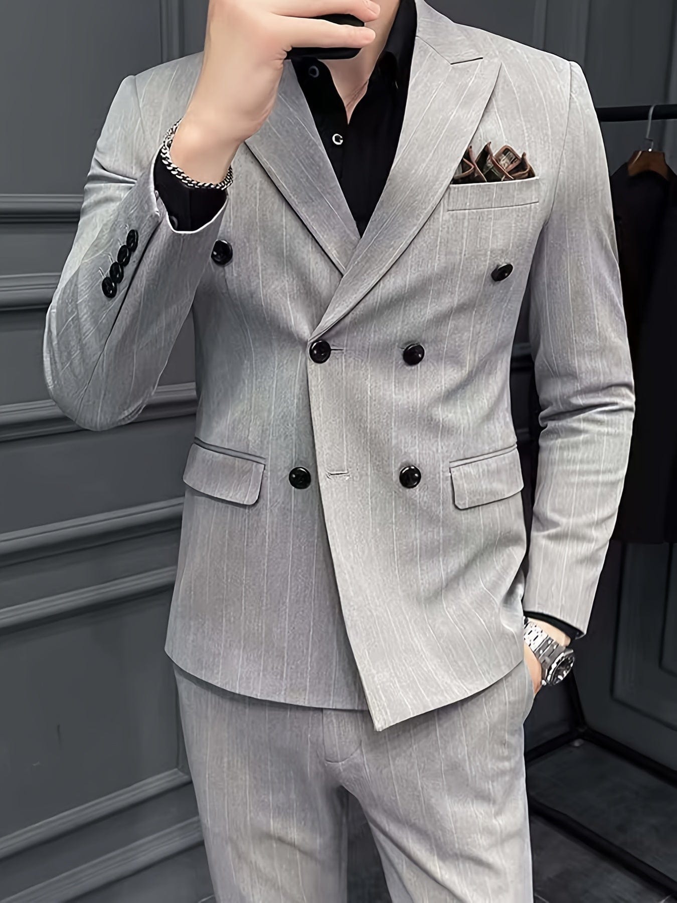 Men's Casual Striped Double Breasted Suit Top