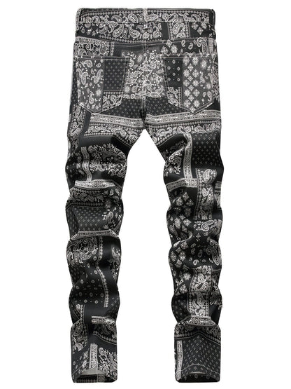 Men's Slim Jeans, Stretch Floral Pattern Denim Pants Men Clothes Best Sellers