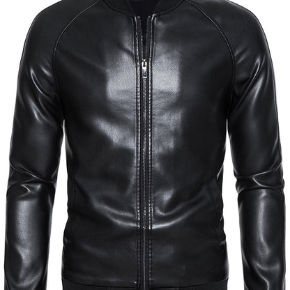 Men's Casual Faux Leather Jacket, Windproof Zip-Up Motorcycle Jacket Outerwear Coat