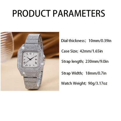 1pc Men's Rhinestone Square Big Dial Hip Hop Watch + 1pc Rhinestone Chain Zinc Alloy Bracelet Set(1 Watch + 1 Bracelet)
