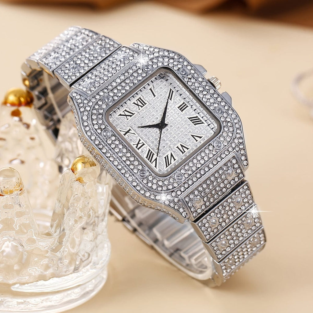 1pc Men's Rhinestone Square Big Dial Hip Hop Watch + 1pc Rhinestone Chain Zinc Alloy Bracelet Set(1 Watch + 1 Bracelet)