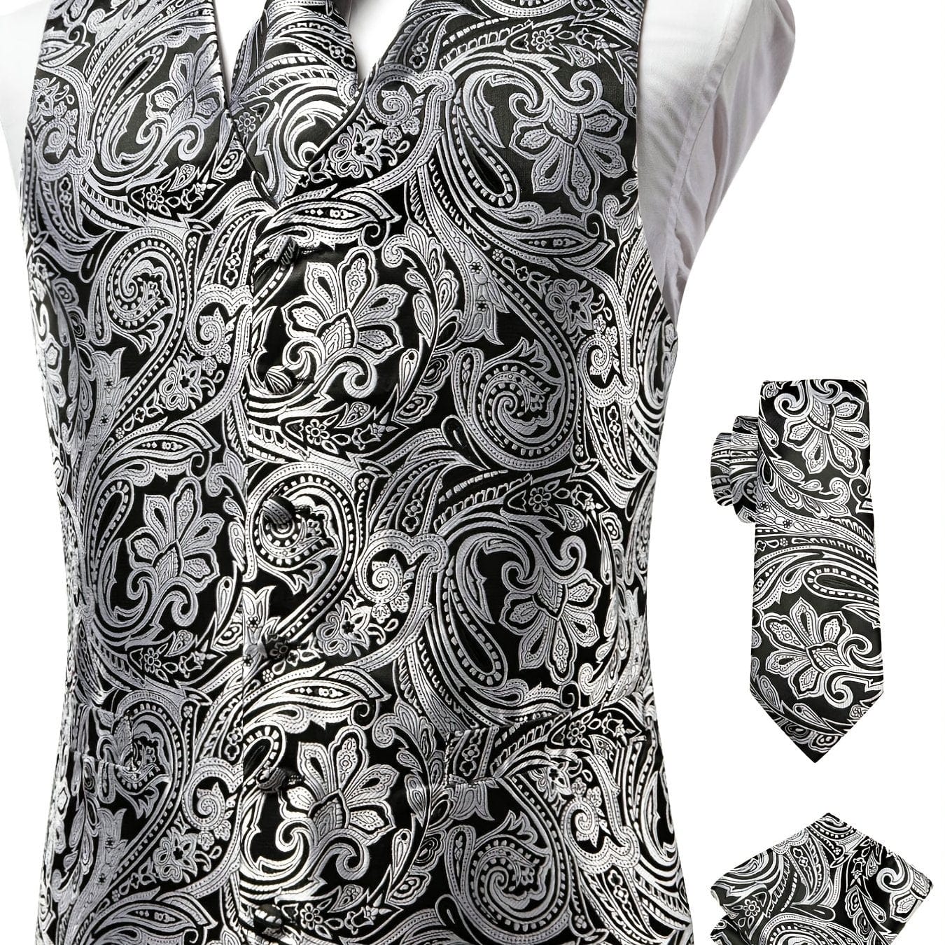 Men's Vintage Elegant Fit Sleeveless Vest Set, Formal Suit Waistcoat & Tie & Cufflinks & Hanky For Wedding Party Business