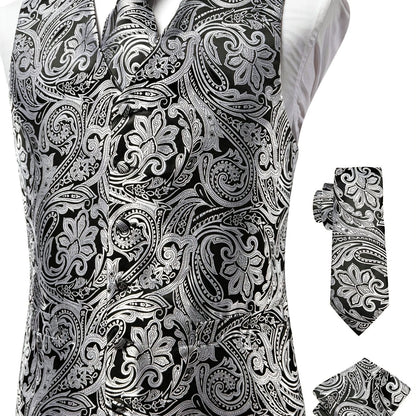 Men's Vintage Elegant Fit Sleeveless Vest Set, Formal Suit Waistcoat & Tie & Cufflinks & Hanky For Wedding Party Business