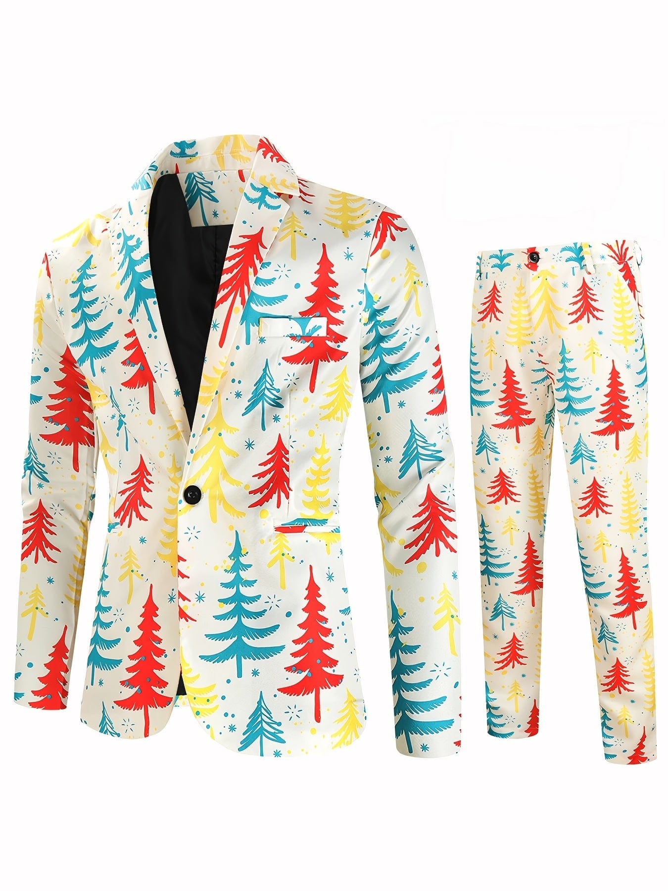 2pcs Men's Suit Jackets And Pants Funny Printed With Christmas Tree