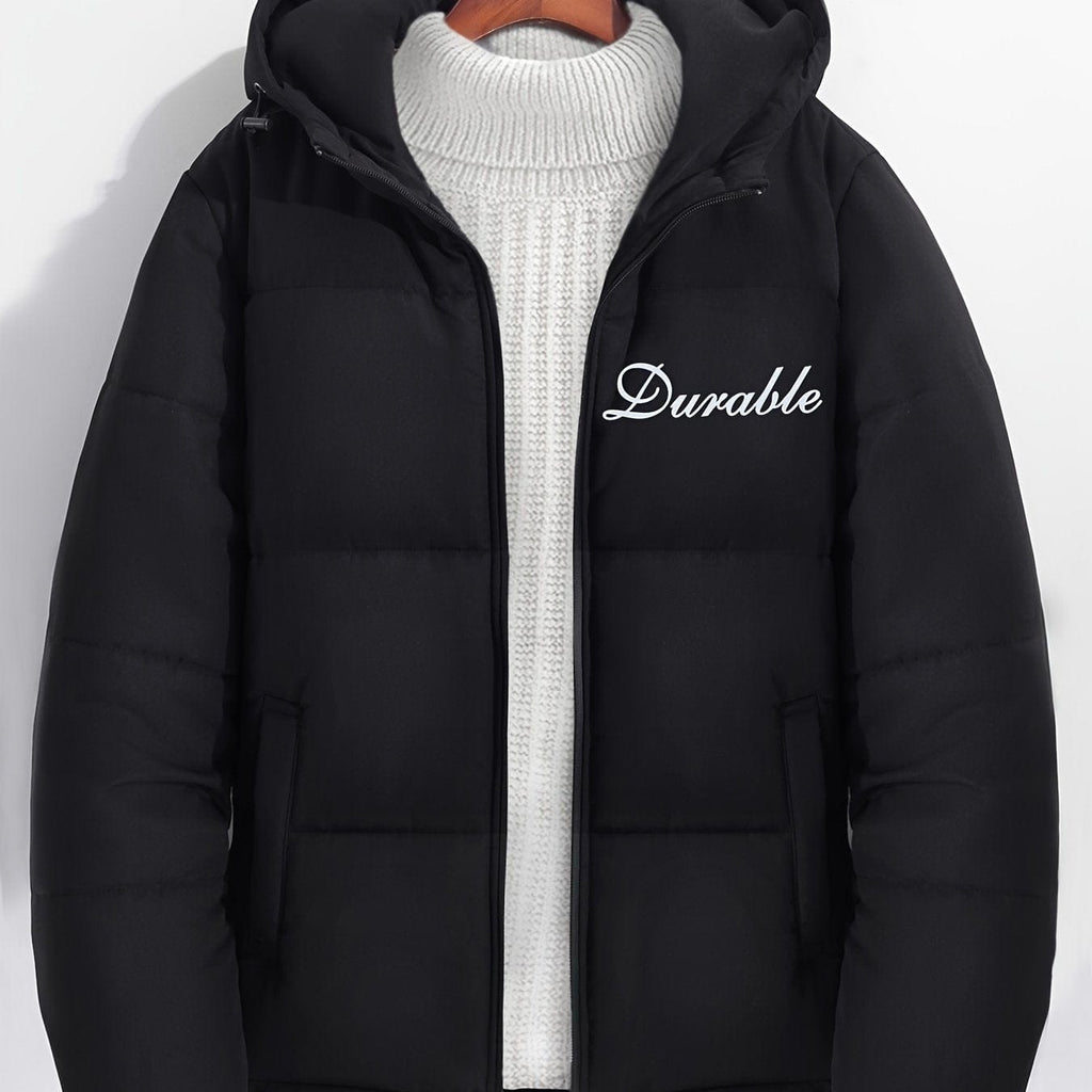 Men's Basic Letter Print Zipper Hooded Cotton-padded Jacket Coat For Winter