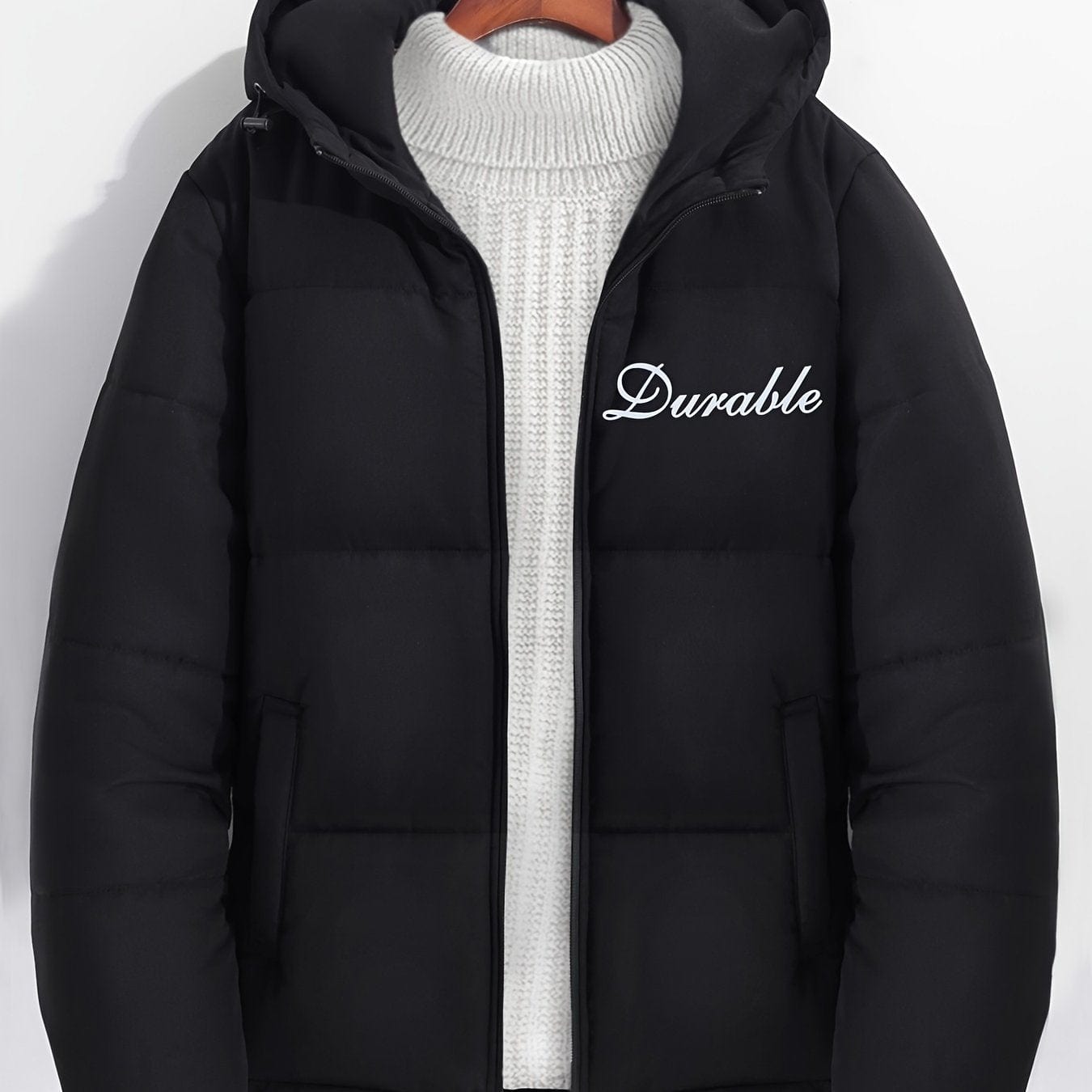 Men's Basic Letter Print Zipper Hooded Cotton-padded Jacket Coat For Winter