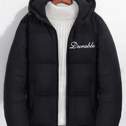 Men's Basic Letter Print Zipper Hooded Cotton-padded Jacket Coat For Winter